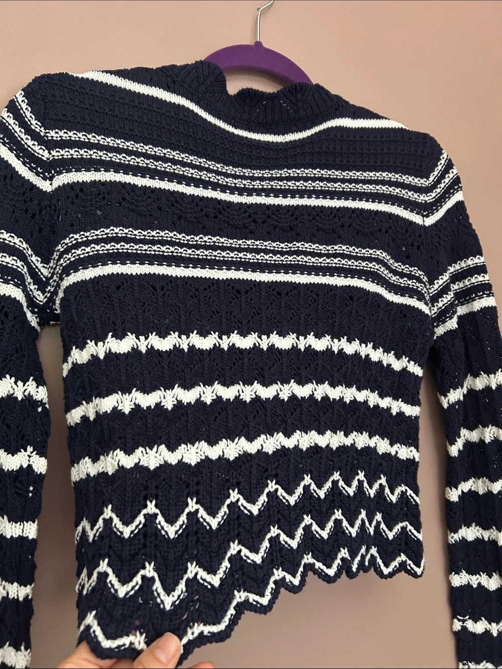 House of Harlow 1960 Striped Knit Cropped Cardigan Navy White XS
